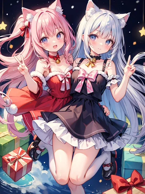 (masterpiece,best quality,ultra-detailed), a 16-years-old, adorable, cute idol, silver white, slanting bangs long hair, hair length to chest, midnight blue, round eyes, ragdoll cat ears, ragdoll cat tail, slender body shape, cutesy curves, cute santa-inspi...