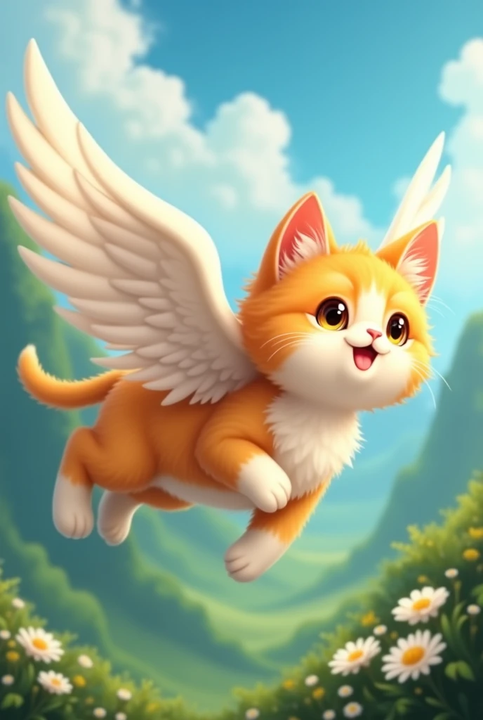 **Prompt for Leonardo AI :**  

" A cute cat with golden white fluffy fur ,  has a beautiful pair of large wings like the wings of an angel . This cat is flying gracefully .  The atmosphere is like heaven His expression is full of cheerfulness and his eyes...