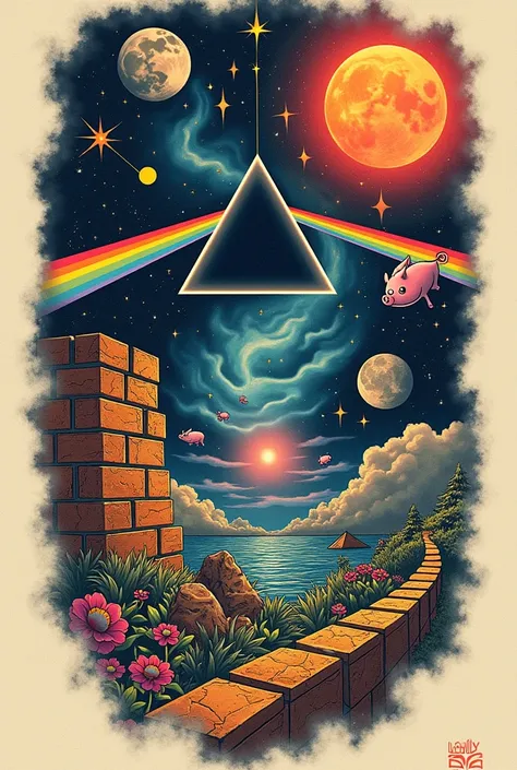 “A highly detailed tattoo design featuring elements inspired by Pink Floyd, blended into a surreal and psychedelic composition. Include iconic symbols like the prism from ‘The Dark Side of the Moon’ with a vibrant light beam refracting into a spectrum of c...