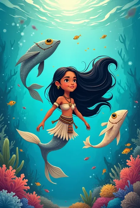  Cartoon of an indigenous girl with long black hair, Swimming with elemental beings from the sea.