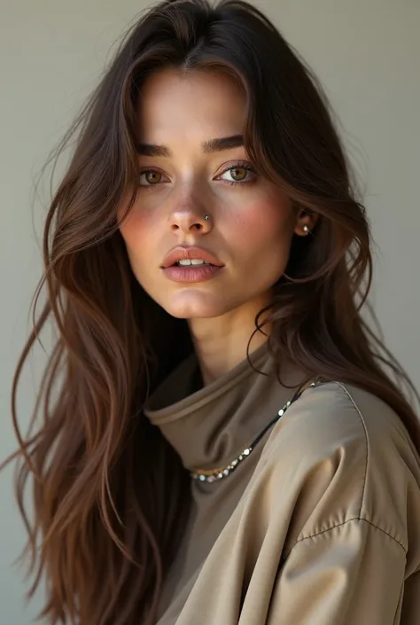  Girl long hair semi-wavy brown eyes ((30 YEARS))  piercing on the nose and on the eyebrows ,  realistic , modern clothes,  brown hair , gringa skin , different clothes