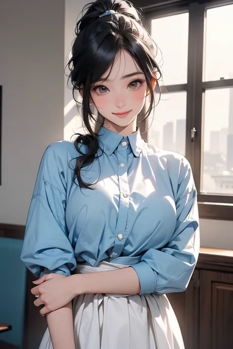 ( highest resolution,  clear _image)  top quality ,  Single ,  one woman, Alone, masterpiece,  very detailed, Somewhat realistic,  black hairのショートヘア,  black hair, bangs, 1,  mature, light blue uniform, uniform, Indoor Background, kind, Dignified, Powerful,...