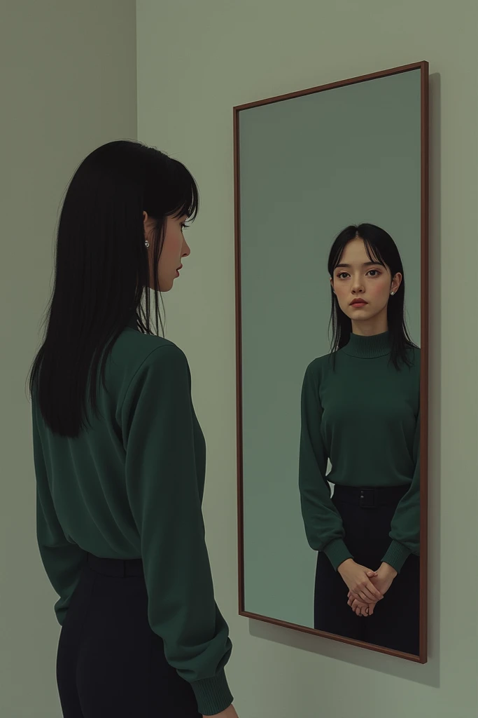 A   is standing in front of a mirror, looking at herself. 
