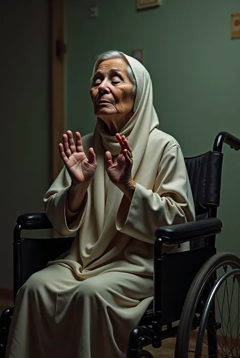 Picture of a grandmother in a wheel chair praying with her hand raised for takbiratul ihram