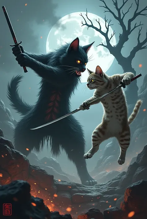 Samurai cat fighting a demon