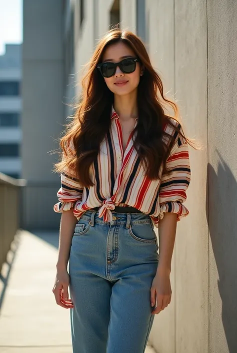 A detailed and colorful full-angle digital shot shows 
portrait of a beautiful woman korean with floawing wave long brown hair, black sunglasses dior, wearing an women harajuku fashion oversized striped random block shirt, tunic tops, Casual long sleeve lo...