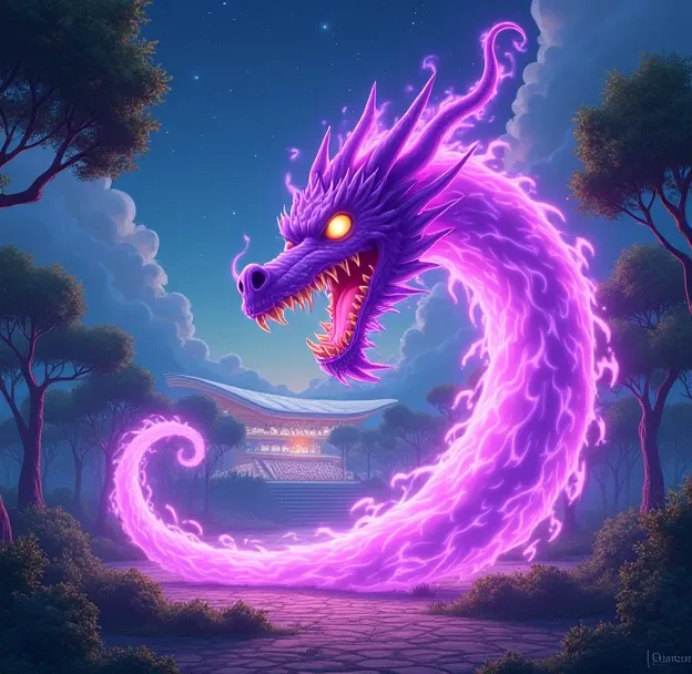 Make a roaring cartoon style dragon head made of purple energy with bright yellow eyes roaring in a park on a field with a large martial arts arena at night 