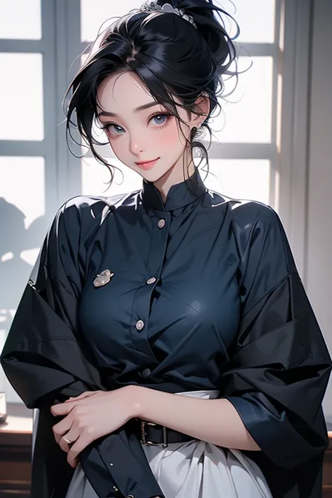 ( highest resolution,  clear _image)  top quality ,  Single ,  one woman, Alone, masterpiece,  very detailed, Somewhat realistic,  black hairのショートヘア,  black hair, bangs, 1,  mature, light blue uniform, uniform, Indoor Background, kind, Dignified, Powerful,...