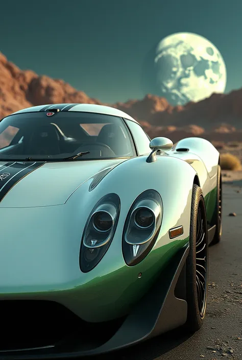   realistic photo ,  futuristic concept car ,  emblem made by Pagani Motors ,  white car with polished green details, Moon city in the background ,  futuristic concept car ,  Pagani emblem highlighted .