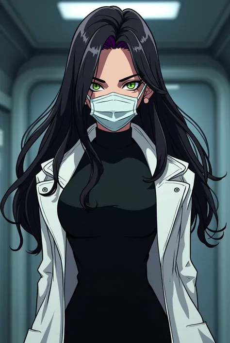 Animation style 
Long hair
Woman
Adult
Human
45 years old 
Evil eyes 
Evil smile 
Villain
Red lips
White Surgical mask
White mask
White coat
Dr. Anya Nox has black hair with dark purple streaks, piercing green eyes, and always dresses in an elegant long bl...