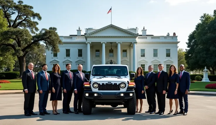 Jeep Wrangler 4xe 2024 with the staf of American president front of new white House