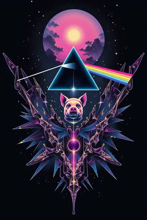 “A dark, psychedelic tattoo design inspired by Pink Floyd, featuring iconic elements such as the prism from ‘The Dark Side of the Moon’ with light refracting into shadowy, fragmented beams. Integrate the floating pig from ‘Animals’ and abstract representat...