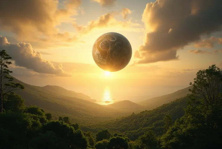 A small planet above a forest and the sea,  sunset .