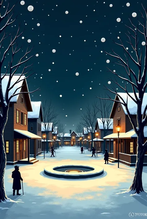 A dark night with button snow falling, only the street lamps are bright, woodblock prints carved with very thick lines and with raised lines, snow-covered buildings and street trees, a circular square in a Western city, the best image quality.