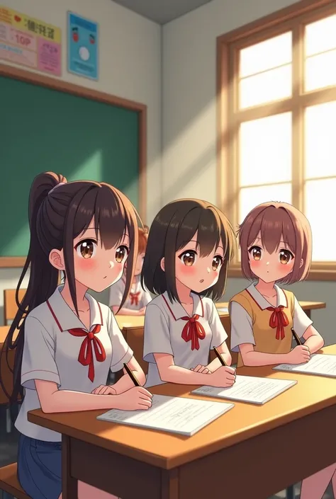  Ultra realistic, 4 beautiful cute girls,  13 14 and , sitting in classroom