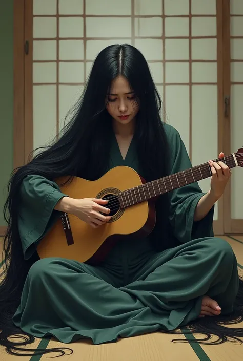  A woman sitting on the floor with her legs crossed ,She is playing a guitar as she cries as tears of sadness fall from her eyes, your hair is black and long , long enough to reach the floor ,she is wearing Japanese clothes  