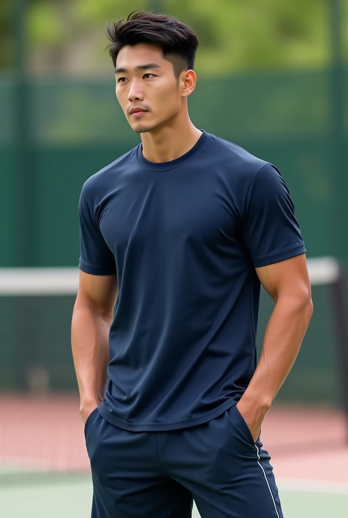 1 handsome Korean guy，28 years old，A man wearing a blue shirt and shorts,  navy blue, Sports T-shirt,  dark blue clothes,,short sleeves, 金锦dark blue clothes, Tennis wear, Masculine and handsome，male，High，Muscles look good，hairy body，Wheat complexion，black ...