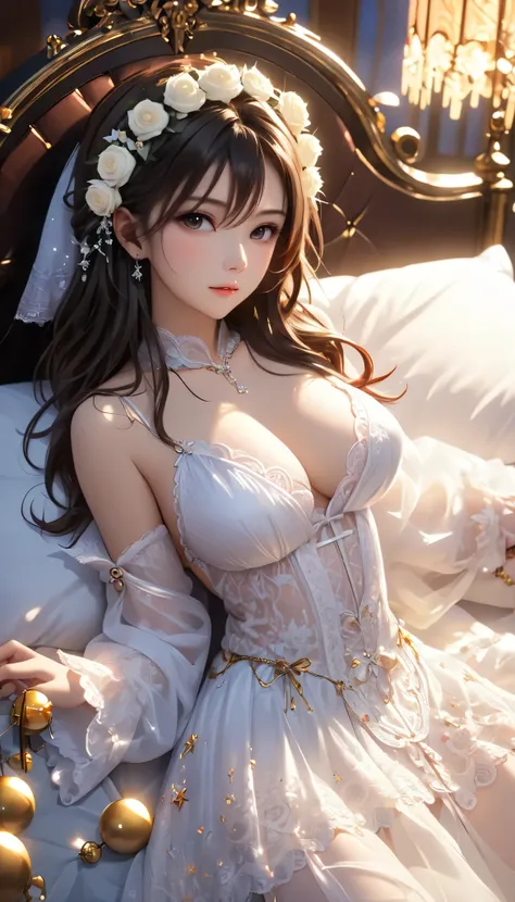 (1girl:1.3), cinematic light,  (masterpiece, top quality, best quality, official art, beautiful and aesthetic:1.3), extreme detailed,highest detailed,(ultra-detailed),((an extremely delicate and beautiful)), night time, From above,(( lying on bed)), solo, ...