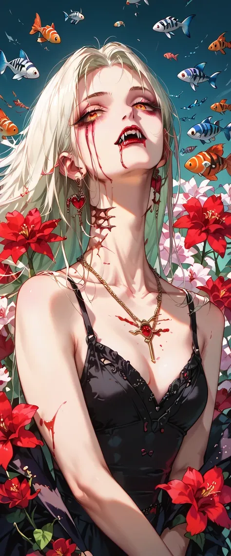 You can see a flat detail of the shoulders, A womans collarbones and neck , Vampire bite on the neck, blood, has a necklace, nice view, elegant neckline,  elegant dress, DRIED FLOWERS , flying fish. Detail shot