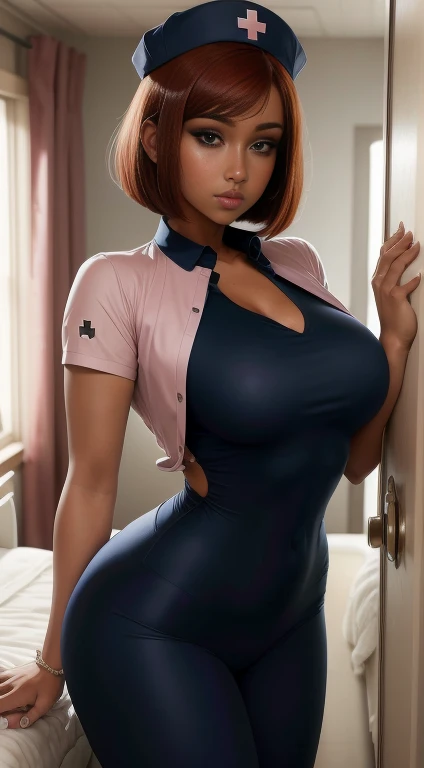 Beautiful woman, nurse outfit, cap , leaning forward, dark skin, asian, tight clothes, unbuttoned, bob cut, auburn hair, hospital