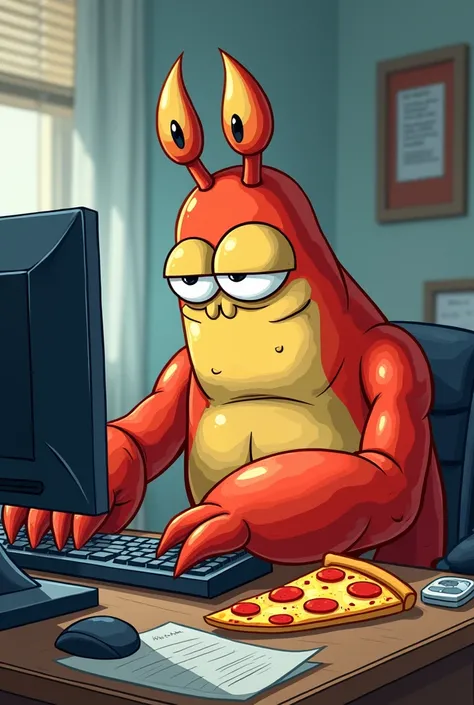 Don crab from SpongeBob at the computer eating pizza