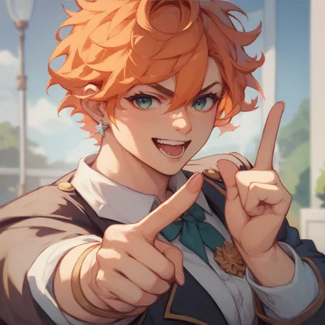  high image quality、 Masterpiece、 orange hair 、Pointing index finger towards camera