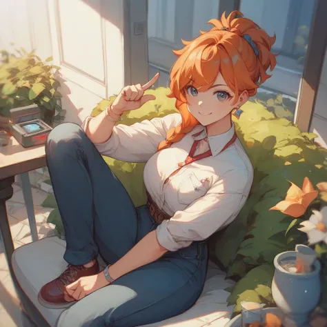  high image quality、 Masterpiece、 orange hair 、Pointing index finger towards camera、 anime style、 cute woman sitting