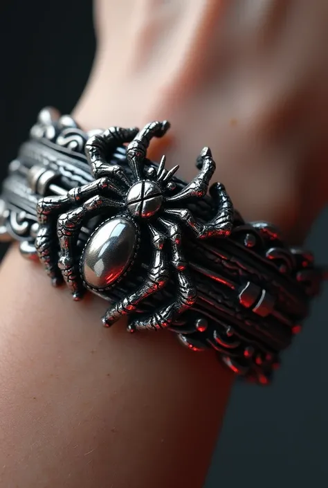  A bracelet with two versions  (no case, two bracelets .)  One of the bracelets is silver and has a well-disguised spider pendant.  The other is as if it were the first ,  but it is more detailed in red and black ,  and has details that resemble a spider ....