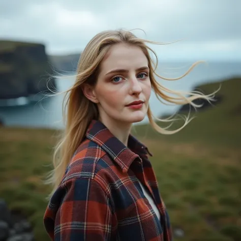 Make her hair blonde. plaid shirt, faroe islands scenery