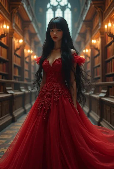 A girl with long black wavy hair ( breasts she has bangs).  In the Hogwarts library wearing a red ball gown.