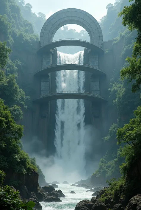 A circular five-tiered waterfall, high rise, tremendous amount of water, unexplored, space in the jungle, science fantasy, science fiction, and the best picture quality.