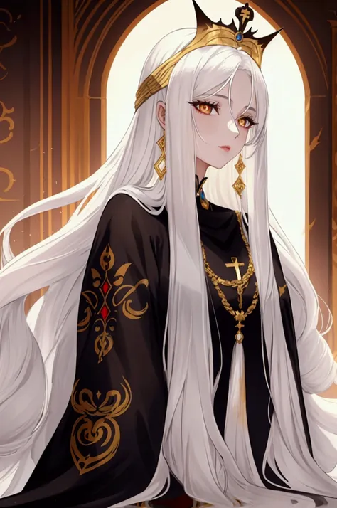 A woman with long white hair, golden eyes, fair skin, 22 years old.