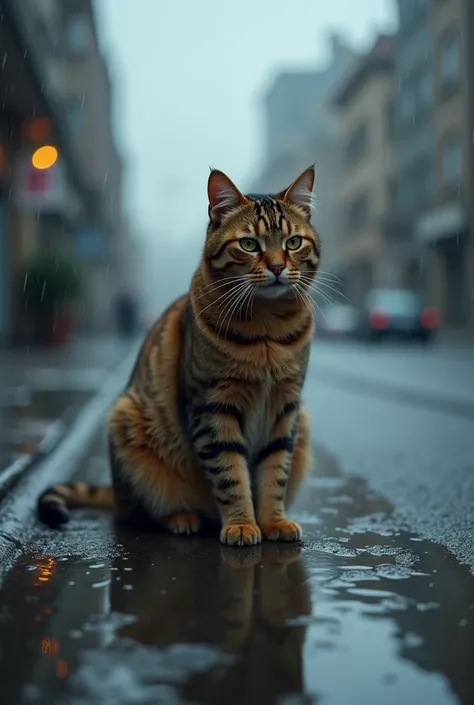 Create a photo of Realnfy a brown cat goes to the rain sad 