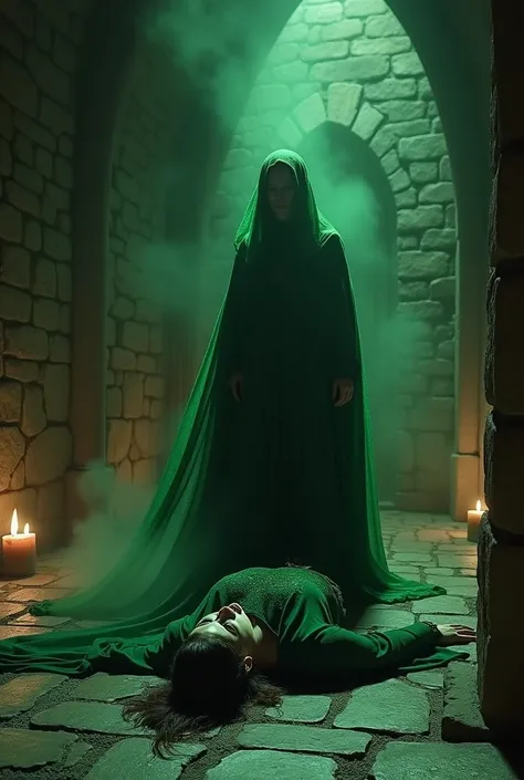 A dark and foreboding chamber, dimly lit by flickering torches. The witch, cloaked in green and exuding an aura of malice, stands over the lifeless body of a woman, her expression cold and triumphant. The woman, the mother of Prince Rilian, lies motionless...