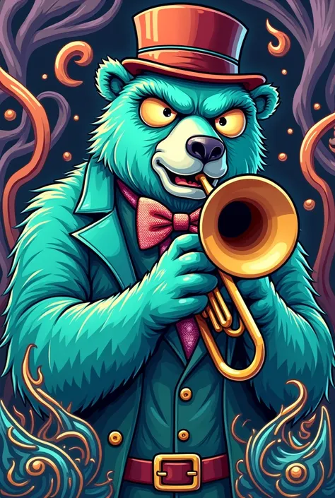 Comic: DnB/Electro-swing music CD album cover with flamboyant and snippy vibes, featuring a teal polar bear playing trumpet. The title reads Kurage: Fancy Showman