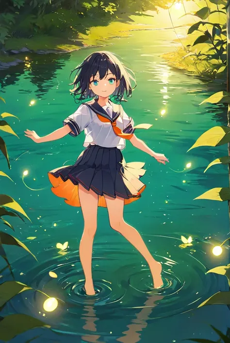 A summer evening scene of a girl standing ankle-deep in a clear stream. Her sailor uniform with its bold orange necktie contrasts with the vibrant green surroundings, and her deep blue eyes reflect the golden glow of fireflies dancing in the air.