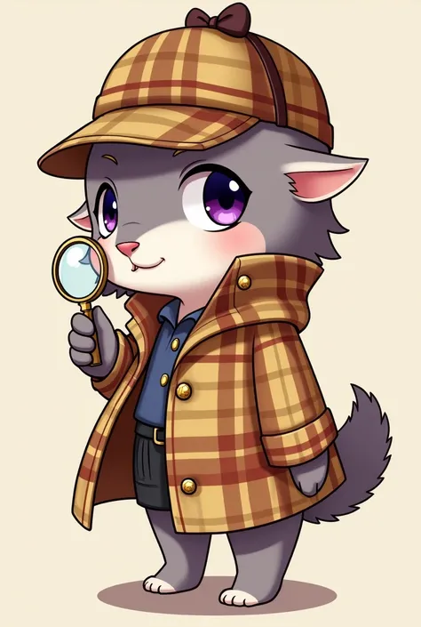  A female character with purple eyes ,  very small with almost all human features but with a pointed nose and a thick tail ,   wears a classic detective outfit using a short plaid cape in shades of yellow,  brown and red ,  decorated with gold buttons .  S...