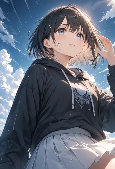 anime、((Amazingly absurd)),(masterpiece:1.2),超High resolution, Attention to detail, high quality, High resolution, 最high quality, 4K, 8k、Crying girl、A girl looking up at the sky and raising one hand to the sky、Dark sky with thick clouds、The sunshine shinin...