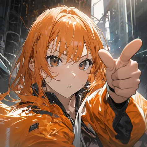  high image quality、 Masterpiece、 orange hair 、Pointing index finger towards camera、woman