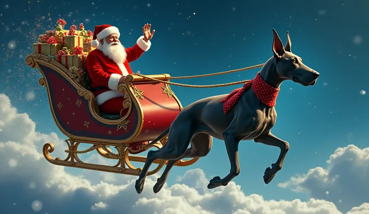 Rodolfo, the giant Great Dane with his perfectly uniform gray coat and striking red tie, leads a flying sleigh with a noble and determined posture. Santa Claus, dressed in his iconic red suit and hat, sits in the sleigh overflowing with brightly wrapped gi...