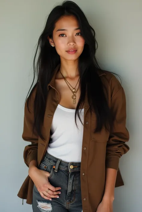 Photo of a beautiful Indonesian girl wearing a necklace that says C wearing a brown jacket wear ripped jeans wear sneakers clear photo uhd realistic photography 