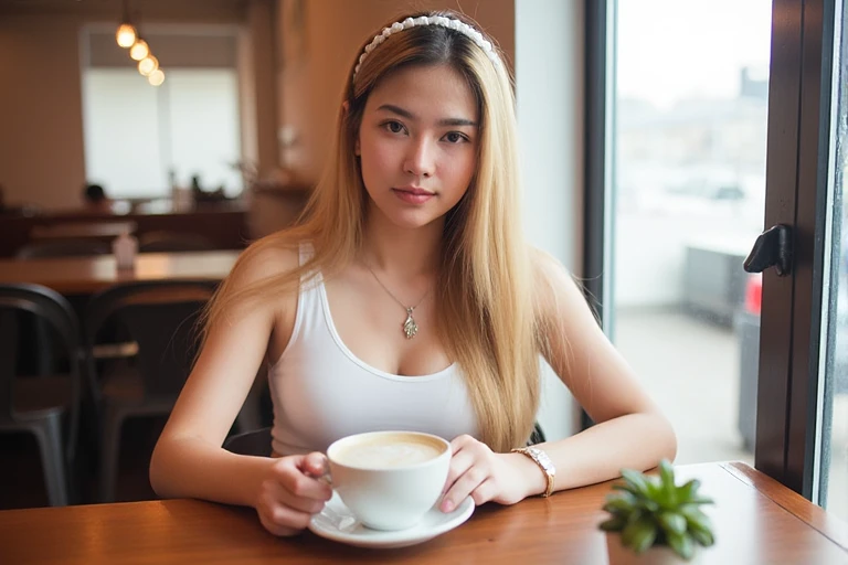 a vibrant, sunlit café, an 18-year-old Thai woman with a slender figure and cascading blonde hair sits gracefully at a rustic wooden table. She flaunts a casual yet chic outfit consisting of a snug white crop top and denim shorts that highlight her stylish...