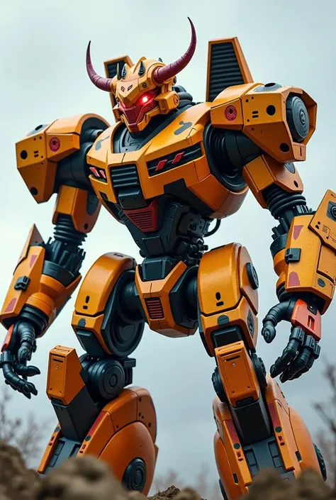 Giant combat robot with a mechanical dragon head with excavator hands in yellow, orange, black and red colors, His eyes glow red while on his back he has two holes that point forward, releasing electricity , He is in combat pose fighting in a city.