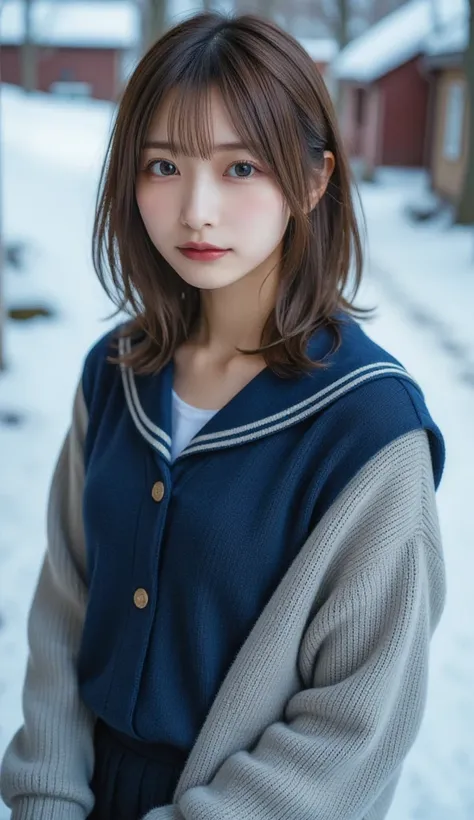   beautiful japanese woman ,  Looking at the camera without holding an umbrella ,   Breathtakingly Beautiful Pictures ,  Brown Hair,  slender body:1.331,   anatomically correct ratio  :1.331,   have small heads :1.331,   Famous Tokyo Metropolitan High Scho...