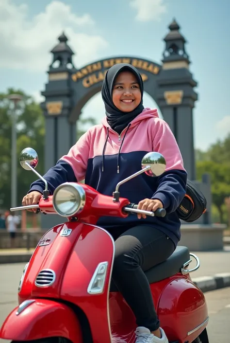 photography realistis,  picture of a beautiful young woman chubby Indonesian hijab muslim little smile ,wearing pink dan dark blue hoodie ,celana jeans hitam,sports shoes, mengenakan tas selempang,dynamic pose naik diatas to a glossy red motor vespa with d...