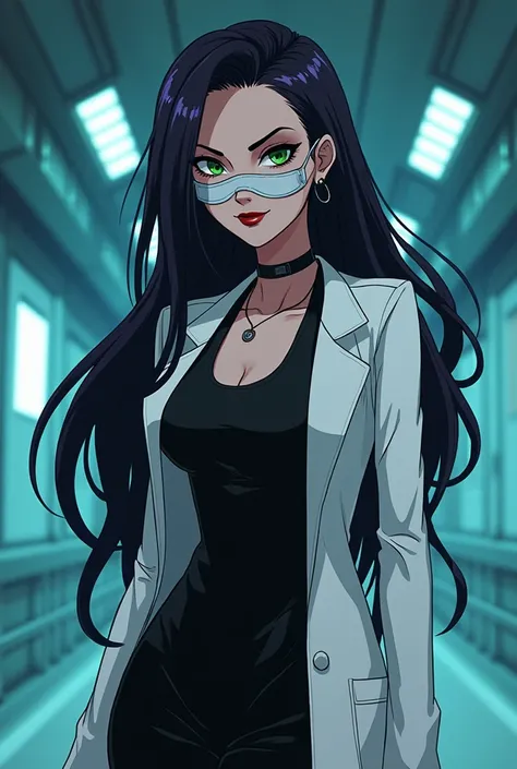 Animation style 
Large location
Giant interior space base 
Blue earth 🌎 🌍 
Long hair
Woman
Adult
Human
45 years old 
Evil eyes 
Evil smile 
Villain
Red lips
White Surgical mask
White mask
White coat
Dr. Anya Nox has black hair with dark purple streaks, pie...