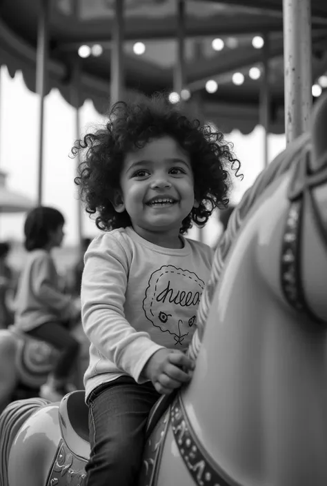  black and white photograph of with curly hair,  of five years ,  walking, happy, on a carousel horse 