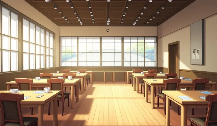 In banquet hall,Morning, In no human , Sunnyday,  sommer,  Japanese anime style,  no people,  Wallpaper