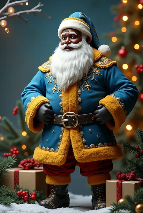 Christmas business card with a black Santa Claus with blue and yellow clothes in 3d