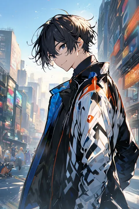 /imagine prompt: a vibrant 20-year-old Japanese boy with a unique charisma and potential to become a star. Three views: 1) Front view: bright black eyes and a confident smile, tousled black hair, wearing a stylish sports jacket over a simple t-shirt and je...